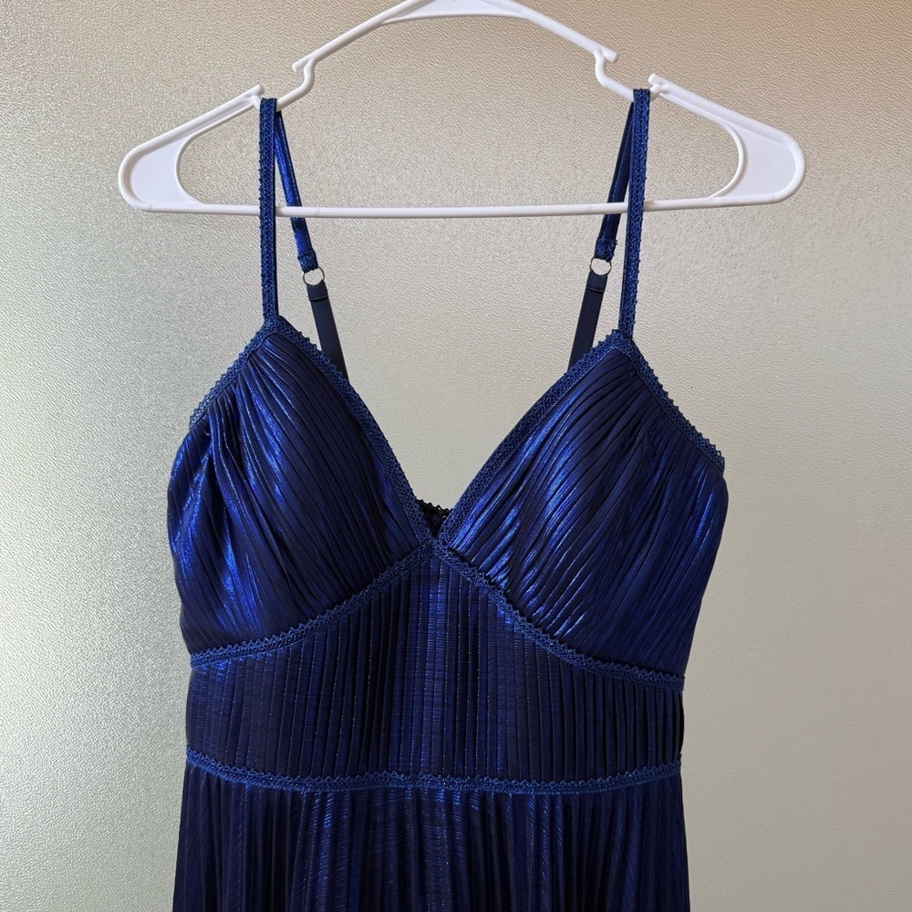 MARCHESA NOTTE Pleated Metallic Midi Dress Blue Sz 4 - Picture 4 of 7